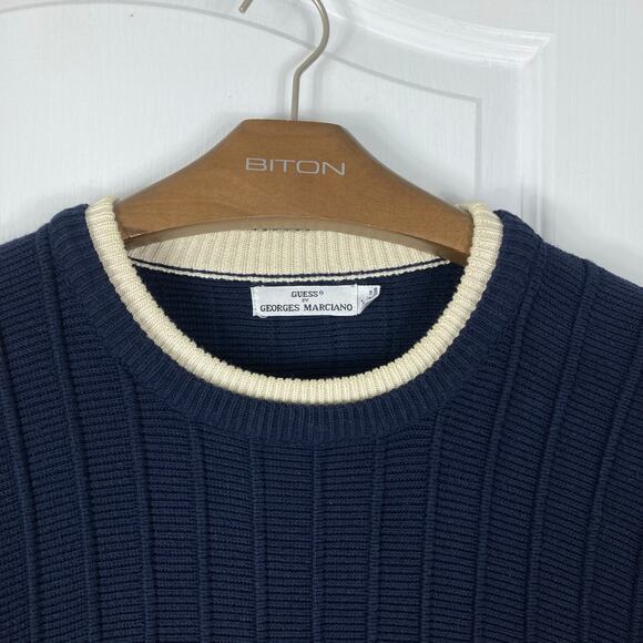 NWOT Vintage GEORGES MARCIANO GUESS Sweater L Navy White Ribbed Logo-Spellout - Picture 5 of 9